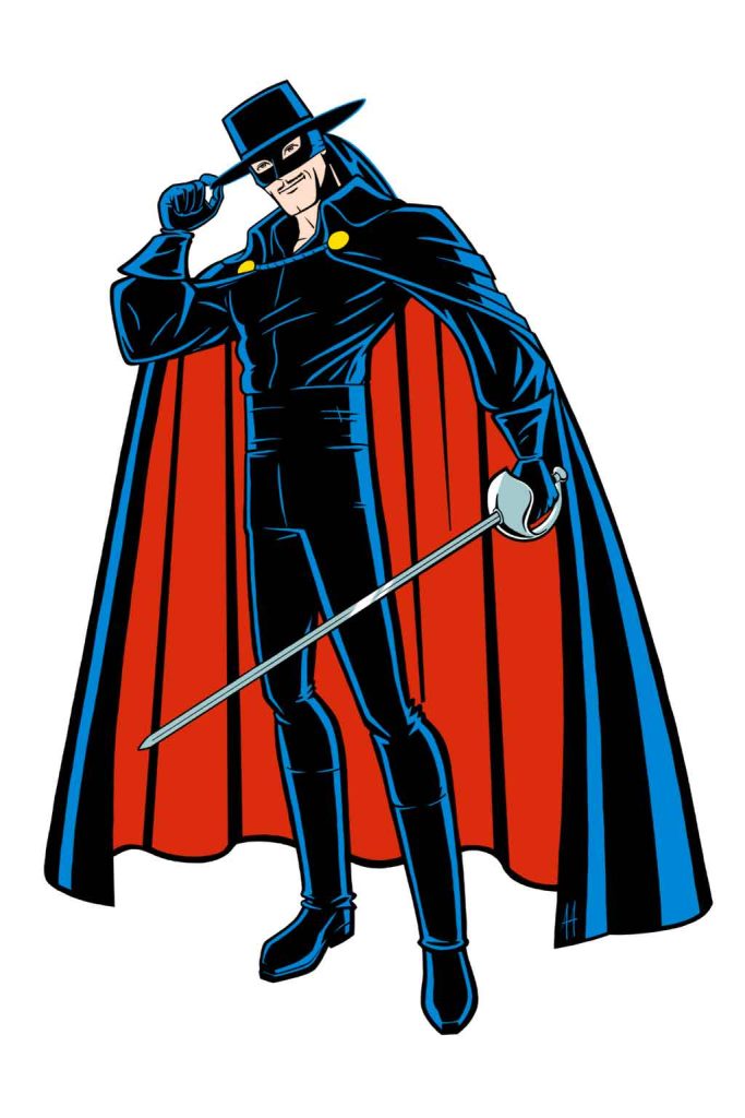 Zorro fan art illustration in a cartoon comic retro pulp style drawing of the classic masked legend who is wearing a black costume and red cape holding his trusty sword